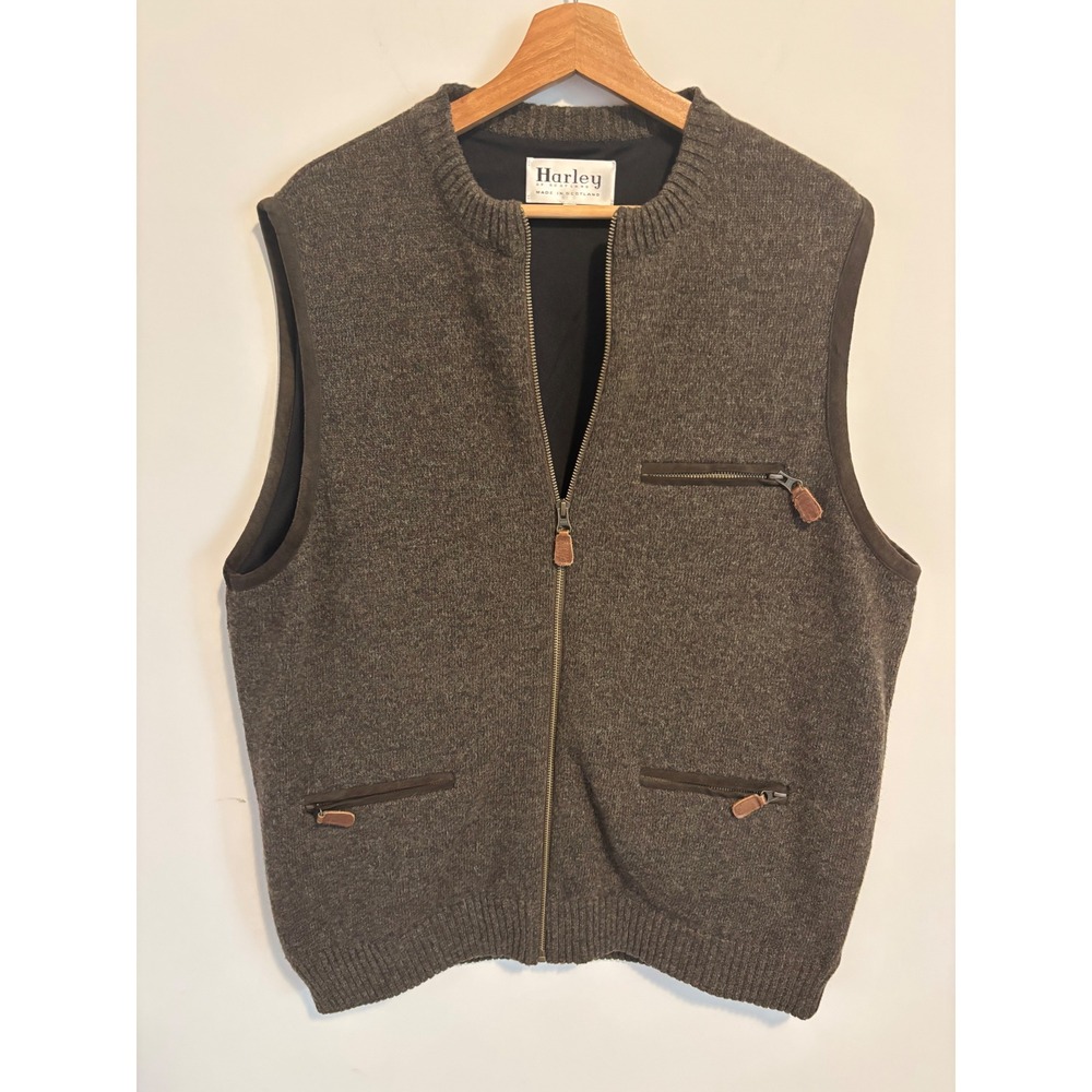 Harley of Scotland Mens Wool Zip Up Vest Brown Lined Made in Scotland Large